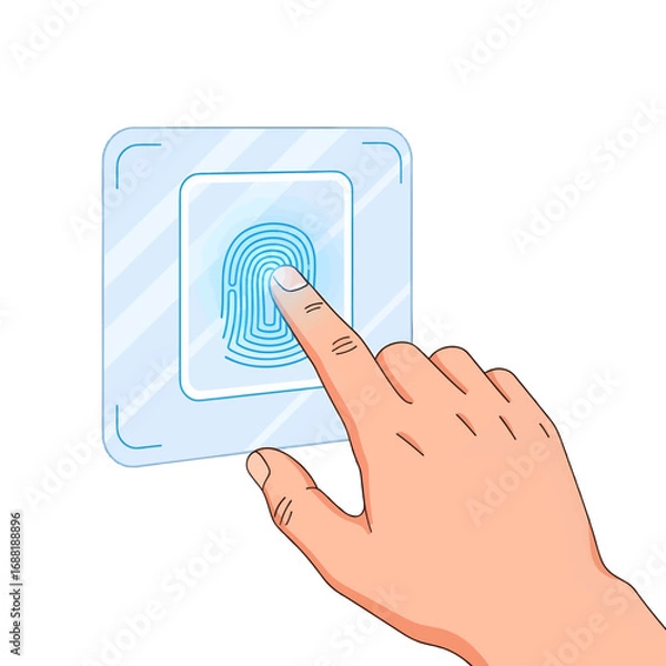 Obraz Hand Pressing Blue Glowing Fingerprint Scanner Interface on White Background with Minimalist Vector Aesthetic