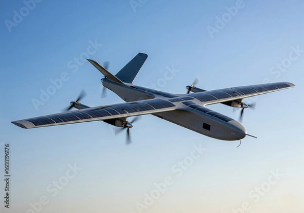 Fototapeta Cutting-edge solar-powered unmanned aerial vehicle (UAV) in flight, featuring advanced photovoltaic cells on its wings for extended endurance and sustainable aerial operations