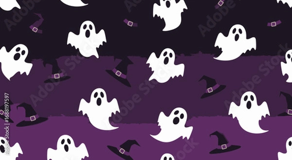 Fototapeta A Halloween-themed pattern featuring cartoon ghosts and witch hats scattered across a purple background.
