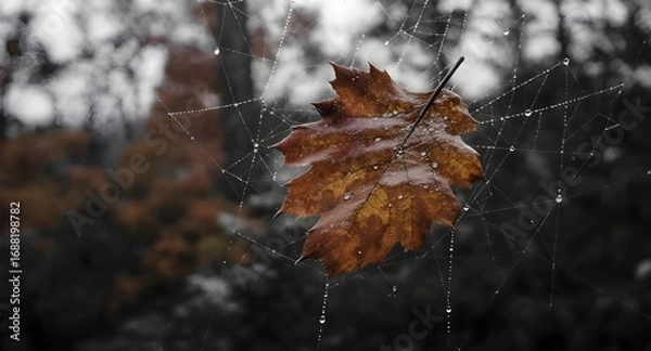 Fototapeta A crisp brown oak leaf caught in a spiderweb, glistening with raindrops, against a blurred background of autumn colors