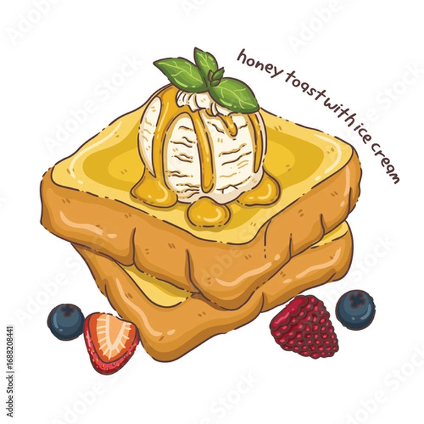Fototapeta Hand-Drawn Honey Toast with Ice Cream and Berries