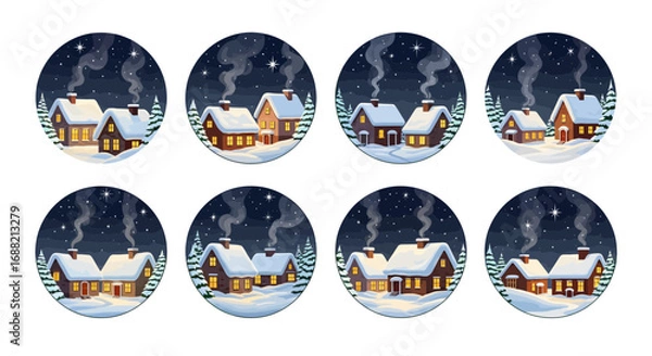 Fototapeta Whimsical collection of hand-drawn winter wonderland icons featuring snowy cottages under a starlit sky