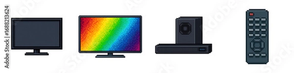 Fototapeta Electronics deals highlight pixel art on black screens during black friday festival for tech lovers and digital art fans