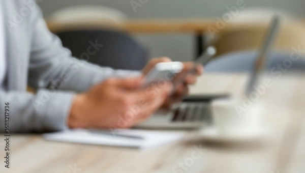 Fototapeta Person using a phone near a laptop and coffee cup on a table.