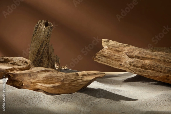 Fototapeta Natural driftwood arranged on sand with soft shadow play, creating an earthy, minimal scene for traditional medicine photography. Brown background and copy space