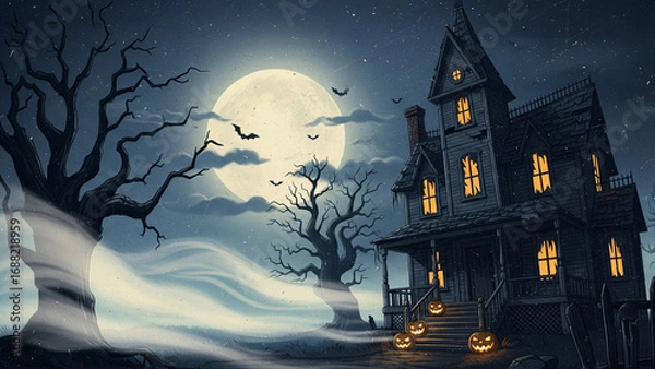 Fototapeta Haunted Halloween mansion with a full moon, bats, and fog at night