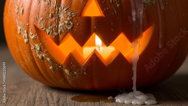 Fototapeta Glowing Halloween pumpkin with dripping wax on a wooden table