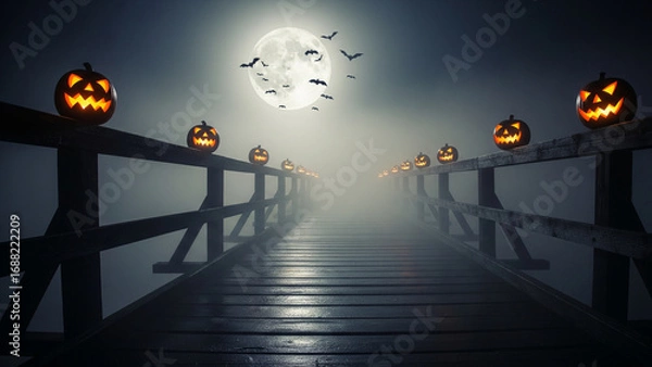 Fototapeta Spooky Bridge Lined with Jack-o'-Lanterns Under a Full Moon and Flying Bats on Halloween Night