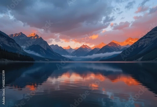 Fototapeta  Detailed Mountain Lake at Sunset Showcase the mesmerizing beauty of a golden sunset with bronze reflections on a pristine