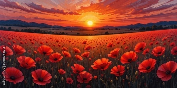 Fototapeta  Vibrant Red Poppies Impressionistic Landscape under a Fiery Sky