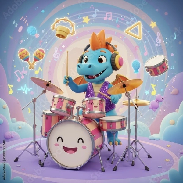 Fototapeta A cute dragon rocks out on a drum set surrounded by musical notes and instruments