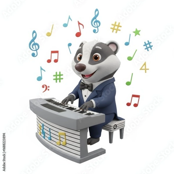 Fototapeta A dapper badger plays a keyboard surrounded by cheerful musical notes
