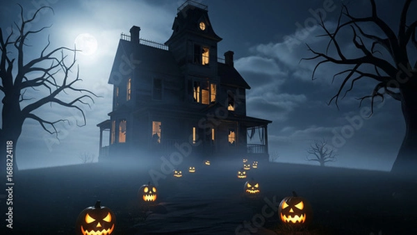 Fototapeta Spooky Haunted House on a Foggy Halloween Night