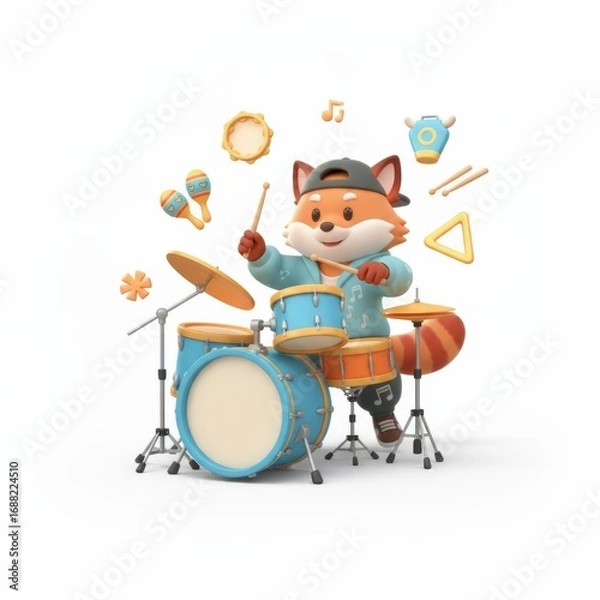 Fototapeta A stylish fox rocks out on a drum kit surrounded by musical instruments