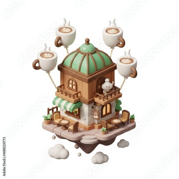 Fototapeta A whimsical cafe floats among the clouds offering cups of coffee as airborne delights