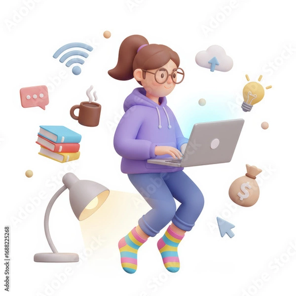 Fototapeta Girl Working on Laptop, 3D Render of Freelance Concept