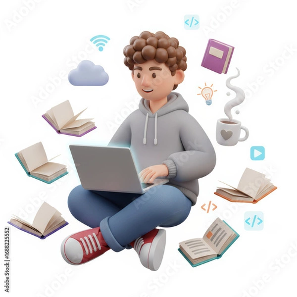 Fototapeta Digital Learning: Young Man Studying Online with Laptop, Books, and Tech Icons
