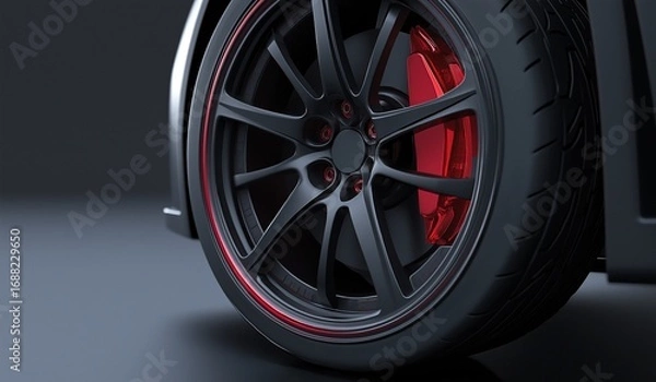Fototapeta Elegant matte gray five-dish rim with black wheel and red caliper, showcasing a close-up of stylish automotive design