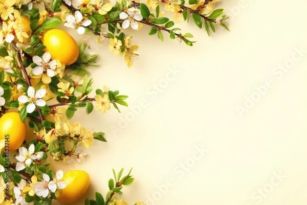 Obraz Yellow Easter eggs and spring blossoms frame a light beige background