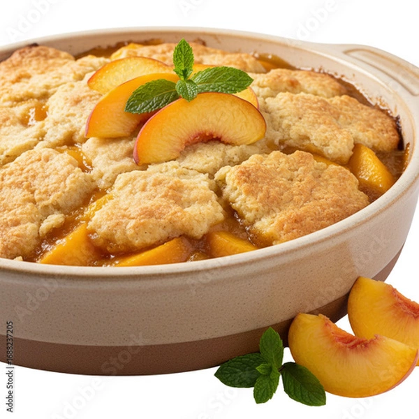 Fototapeta Golden peach cobbler topped with fluffy biscuits and fresh mint