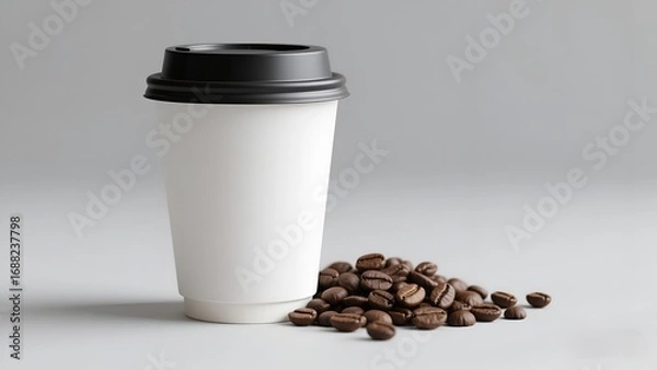 Obraz Mockup Minimalist Coffee Cup with Coffee Beans on White Background