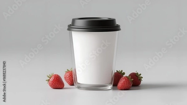 Obraz Mockup Minimalist Coffee Cup with Fresh Strawberries on White Background 