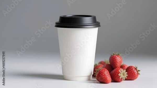 Obraz Mockup Minimalist Coffee Cup with Fresh Strawberries on White Background 