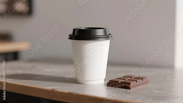Obraz Mockup Coffee Cup with Chocolate Pieces on Marble Table in Café Background 