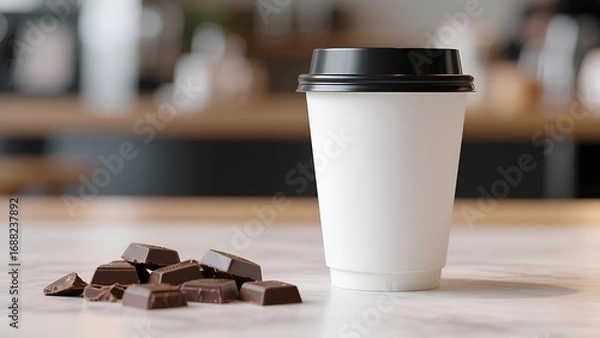 Obraz Mockup Coffee Cup with Chocolate Pieces on Marble Table in Café Background 