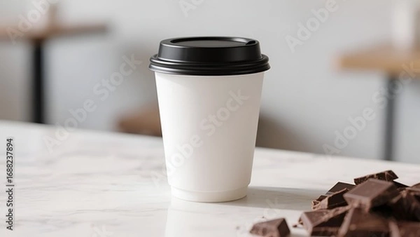 Obraz Mockup Coffee Cup with Chocolate Pieces on Marble Table in Café Background 