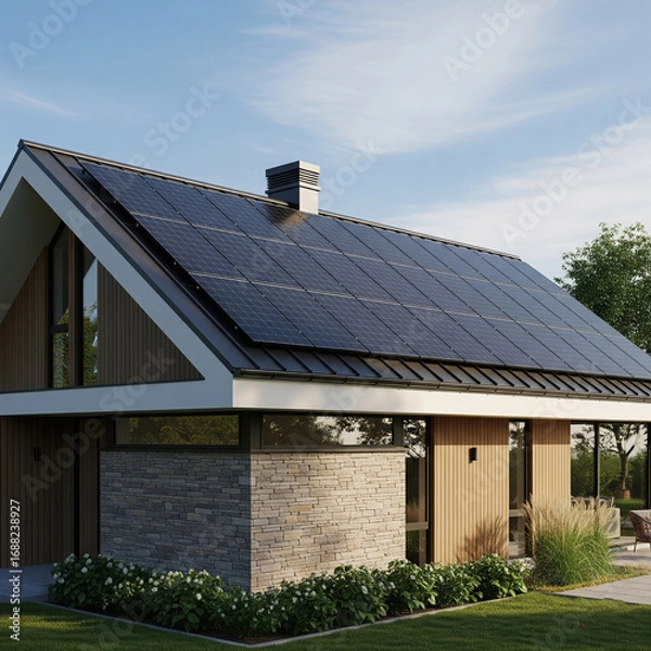 Obraz Modern home with solar panels on the roof, sustainable energy for a green future