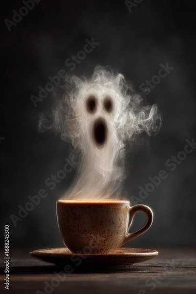Obraz Steaming cup of coffee with rising vapor forming a simple Halloween ghost with hollow eyes and open mouth, slightly distorted by wind against a pure black background