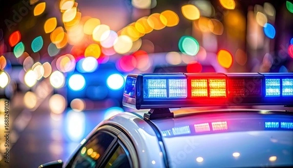 Obraz Police car lights flashing at night in urban setting with bokeh backgrounds creating a sense of urgency. Concept for law enforcement, emergency response and public safety