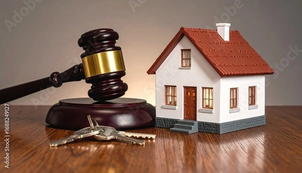 Obraz Gavel, Keys and House Model on Wooden Table Representing Real Estate Auction. Concept for property law, home ownership and legal judgment of asset division cases