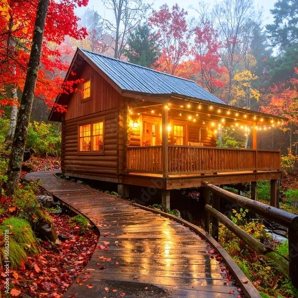 Obraz Cozy cabin nestled in autumn woods
