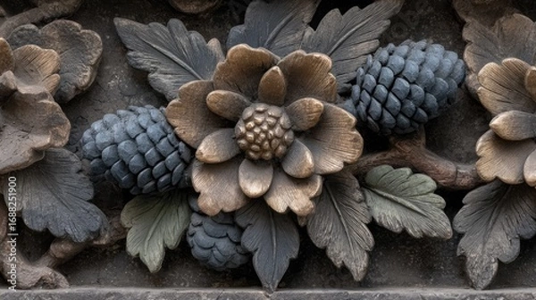 Fototapeta Intricate floral and leaf carvings on a dark surface.