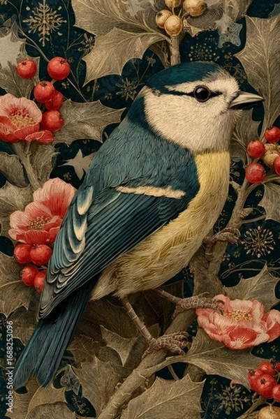 Obraz Vintage illustration of a beautiful bird perched on a holly branch with metallic gold accents, surrounded by detailed Christmas decorations, snowflakes, and festive elements in classic style