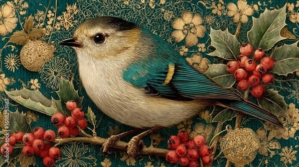 Obraz Vintage illustration of a beautiful bird perched on a holly branch with metallic gold accents, surrounded by detailed Christmas decorations, snowflakes, and festive elements in classic style