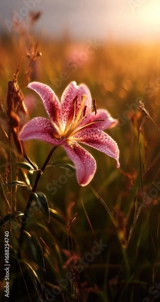 Obraz A vibrant pink lily bathed in golden sunlight