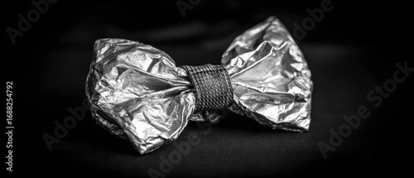 Obraz Silver foil bow tie on dark background