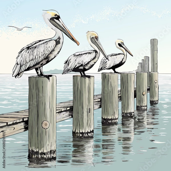 Obraz Three Brown Pelicans Resting on Wooden Pier Posts.
