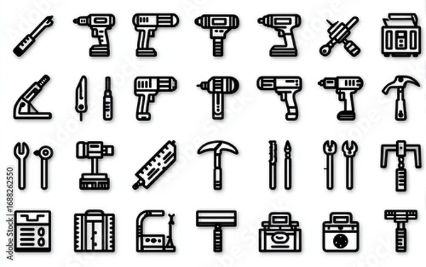 Fototapeta Collection of black outline hand tools and power tools