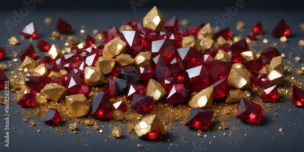 Fototapeta Red gemstones and gold nuggets forming a vibrant and luxurious composition against a black background, representing wealth and luxury.