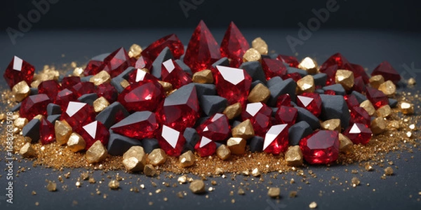 Fototapeta Red gemstones and gold nuggets forming a vibrant and luxurious composition against a black background, representing wealth and luxury.