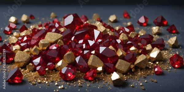 Fototapeta Red gemstones and gold nuggets forming a vibrant and luxurious composition against a black background, representing wealth and luxury.