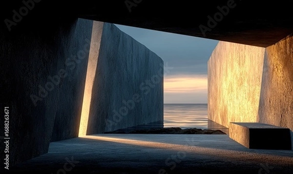 Fototapeta Abstract concrete structure at sunset over ocean