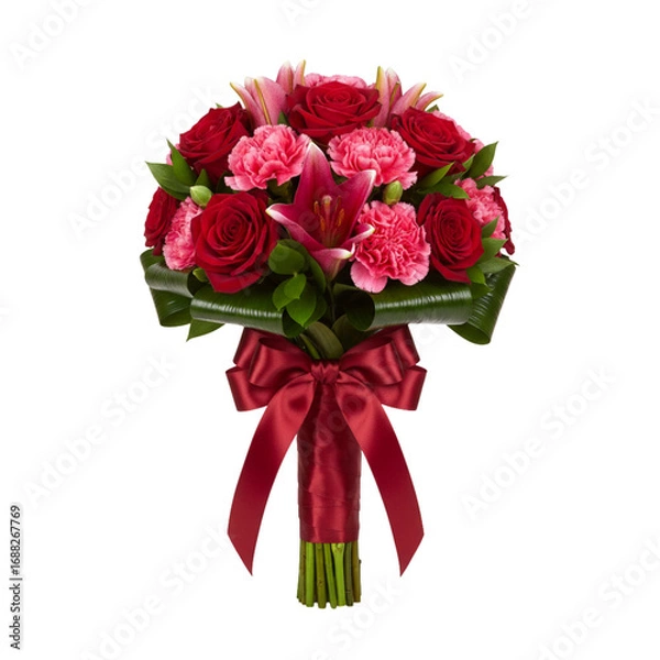Fototapeta Vibrant red and pink rose and carnation bouquet with red ribbon