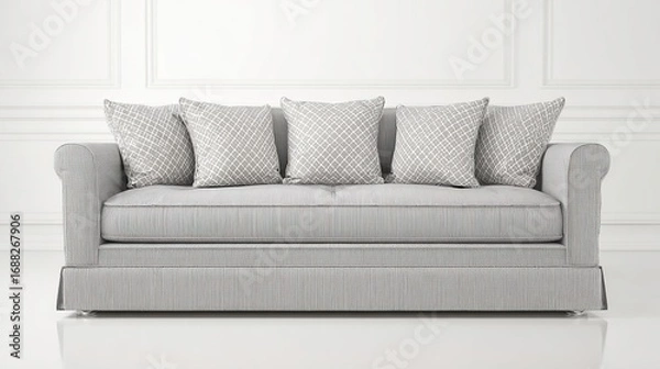 Fototapeta Minimalist living room featuring a gray fabric sofa and decorative pillows against a white background with ample negative space.