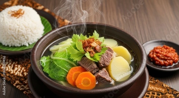 Fototapeta Indonesian Beef Soup, Soto Daging, Served with Rice and Sambal