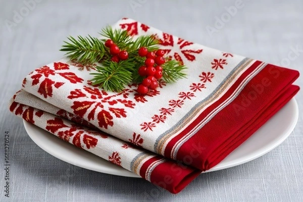 Fototapeta Christmas napkins with red berries and fir branch lying on white plate